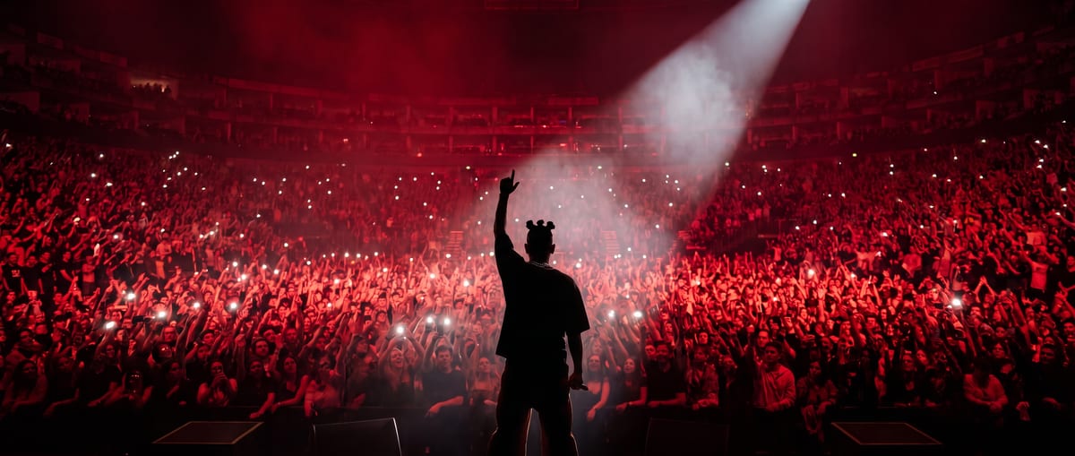 ST MAN silhouetted against red stage light, one arm raised above an arena crowd with raised hands and phone lights
